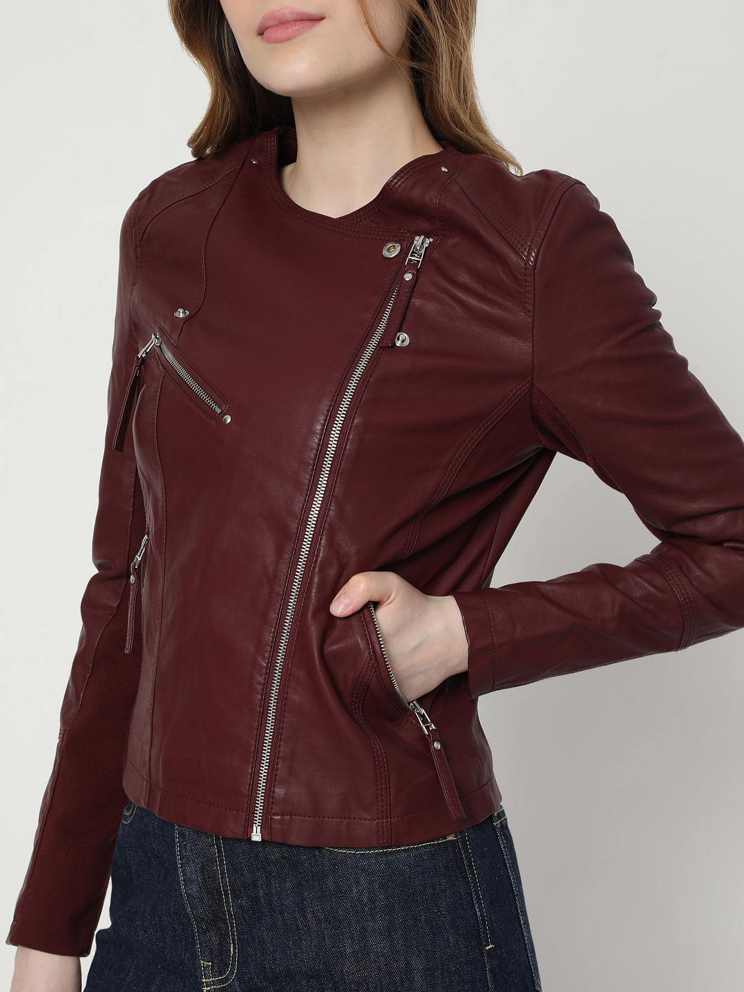 maroon faux leather jacket womens