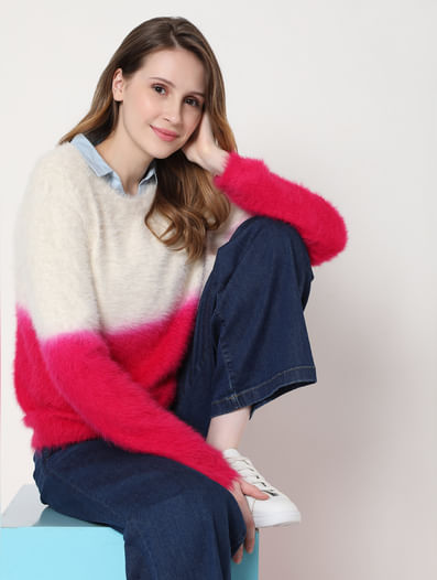 Fuschia Pink Colourblocked Sweater 