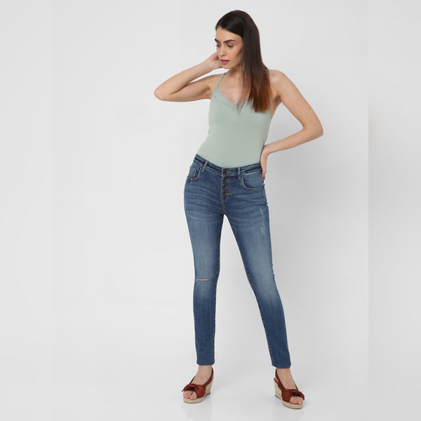 VERO MODA Blue High Rise Ripped Skinny Jeans