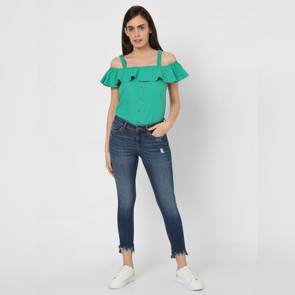 VERO MODA Blue Mid Rise Ripped Skinny Jeans