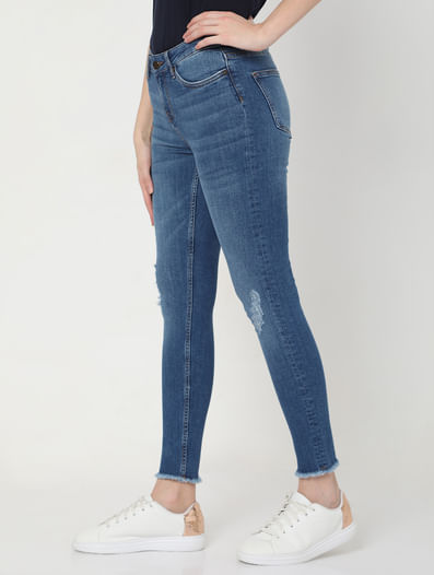 Blue Mid Rise Torn Skinny Jeans 