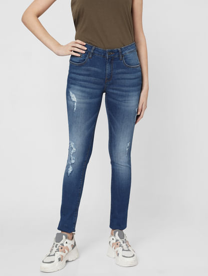 Blue Mid Rise Ripped Pushup Jeans 