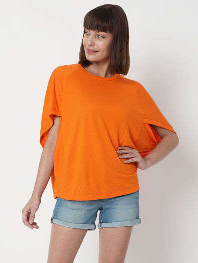 Orange Asymmetric Sleeves T-shirt