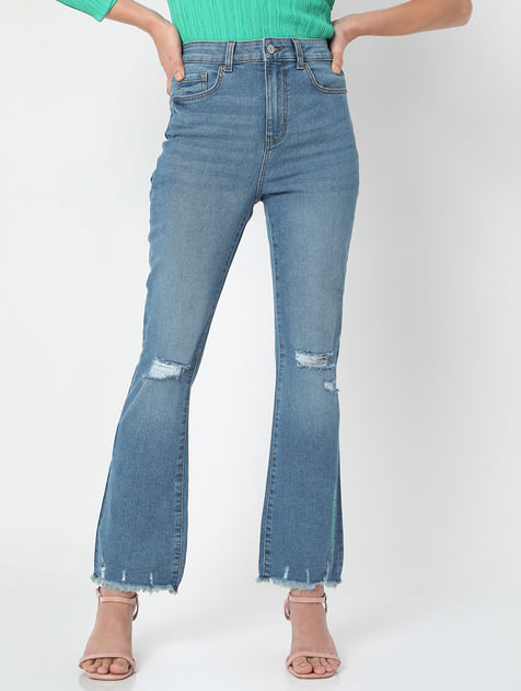 Blue High Waist Distressed Petra Bootcut Jeans
