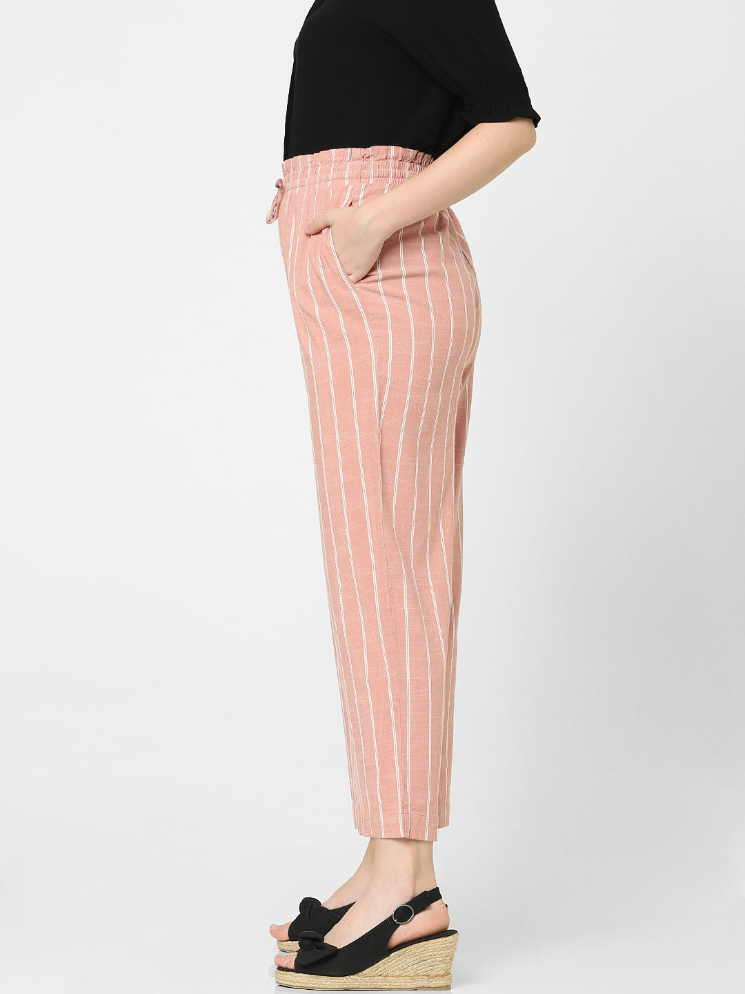 Womens Pink Cotton Slub Striped Pants  The Svaya