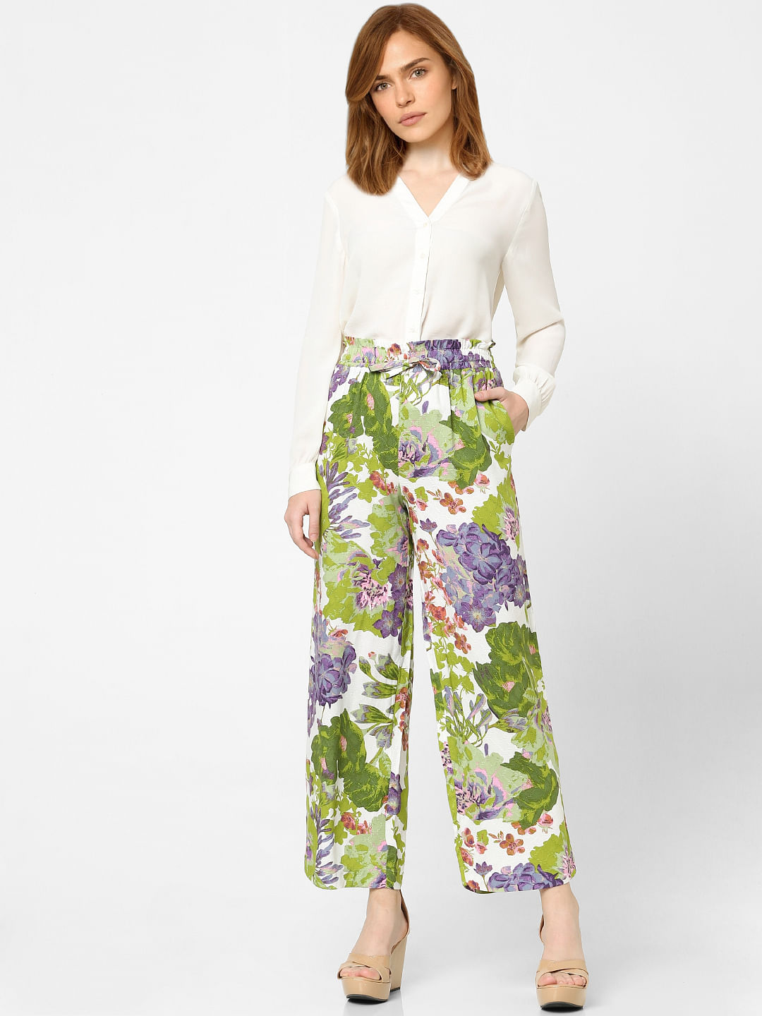 Buy POPWINGS Regular Fit Grey Floral Printed Solid Midrise Women Trouser at  Amazonin
