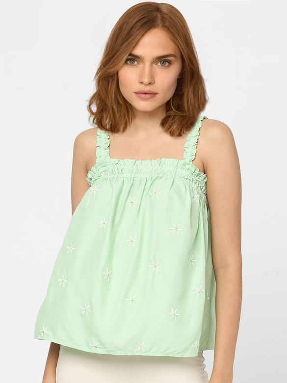 Green Embroidered Strappy Top