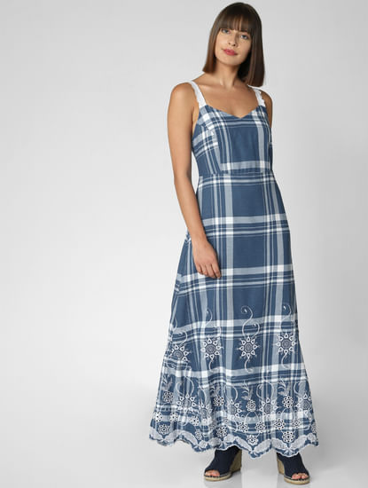 Blue Embroidered Check Maxi Dress