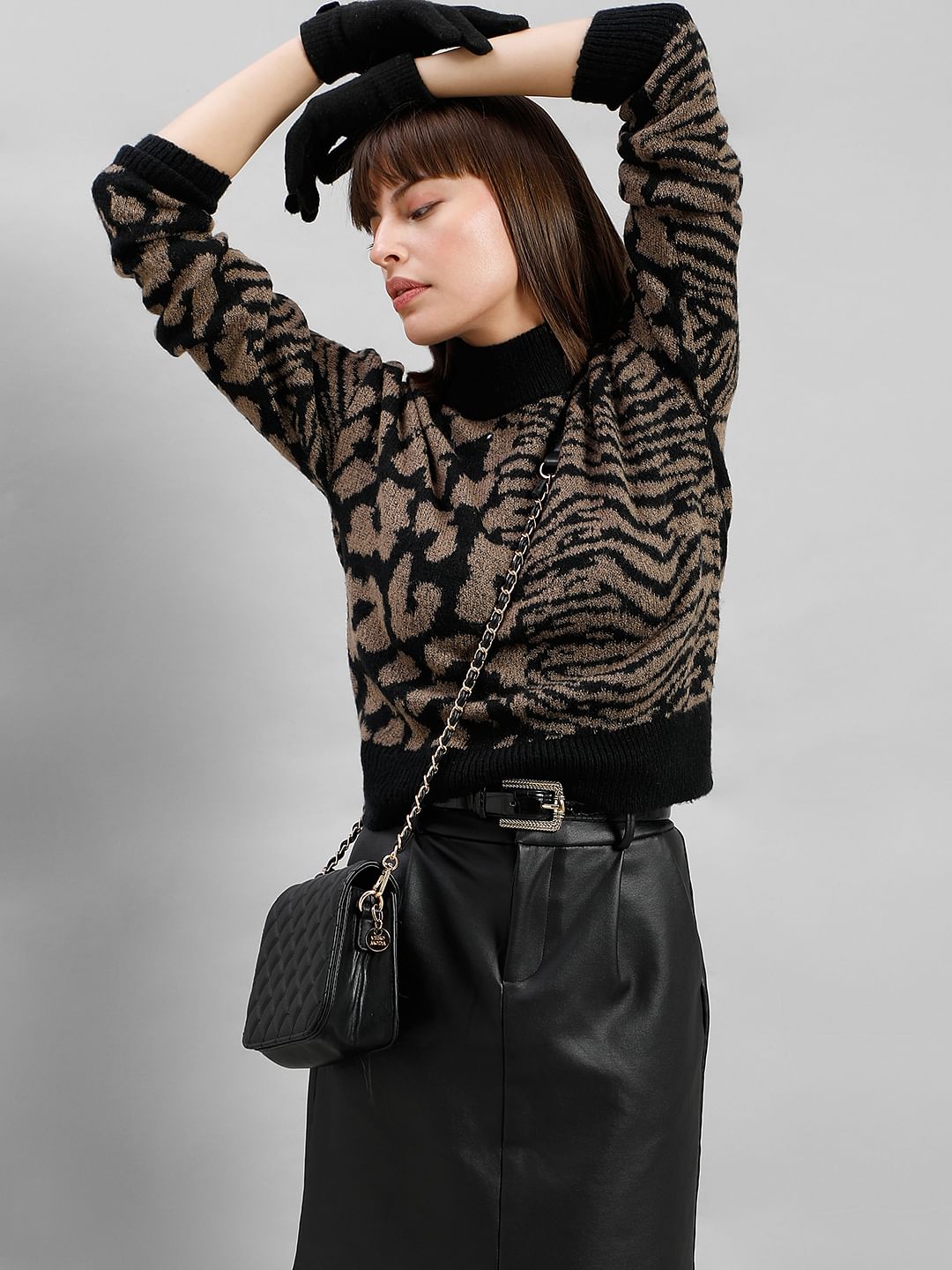 Black Animal Print High Neck Pullover