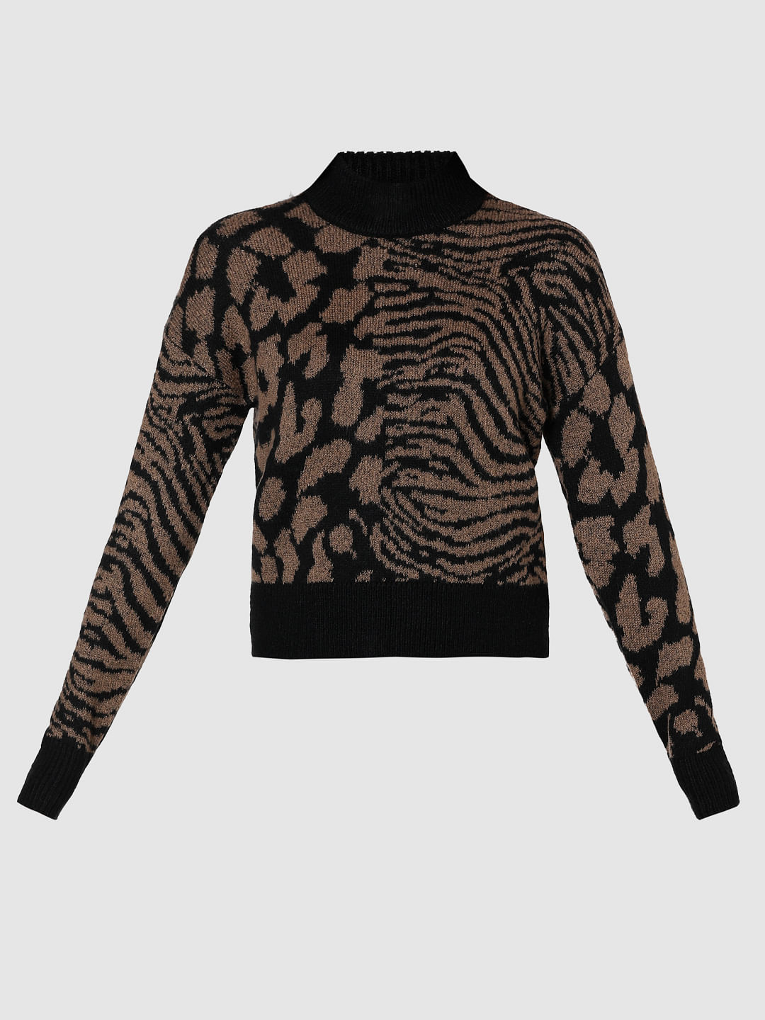 Black Animal Print High Neck Pullover