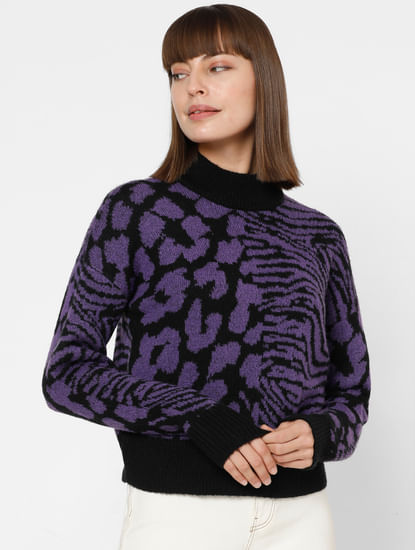 Purple Animal Print High Neck Pullover