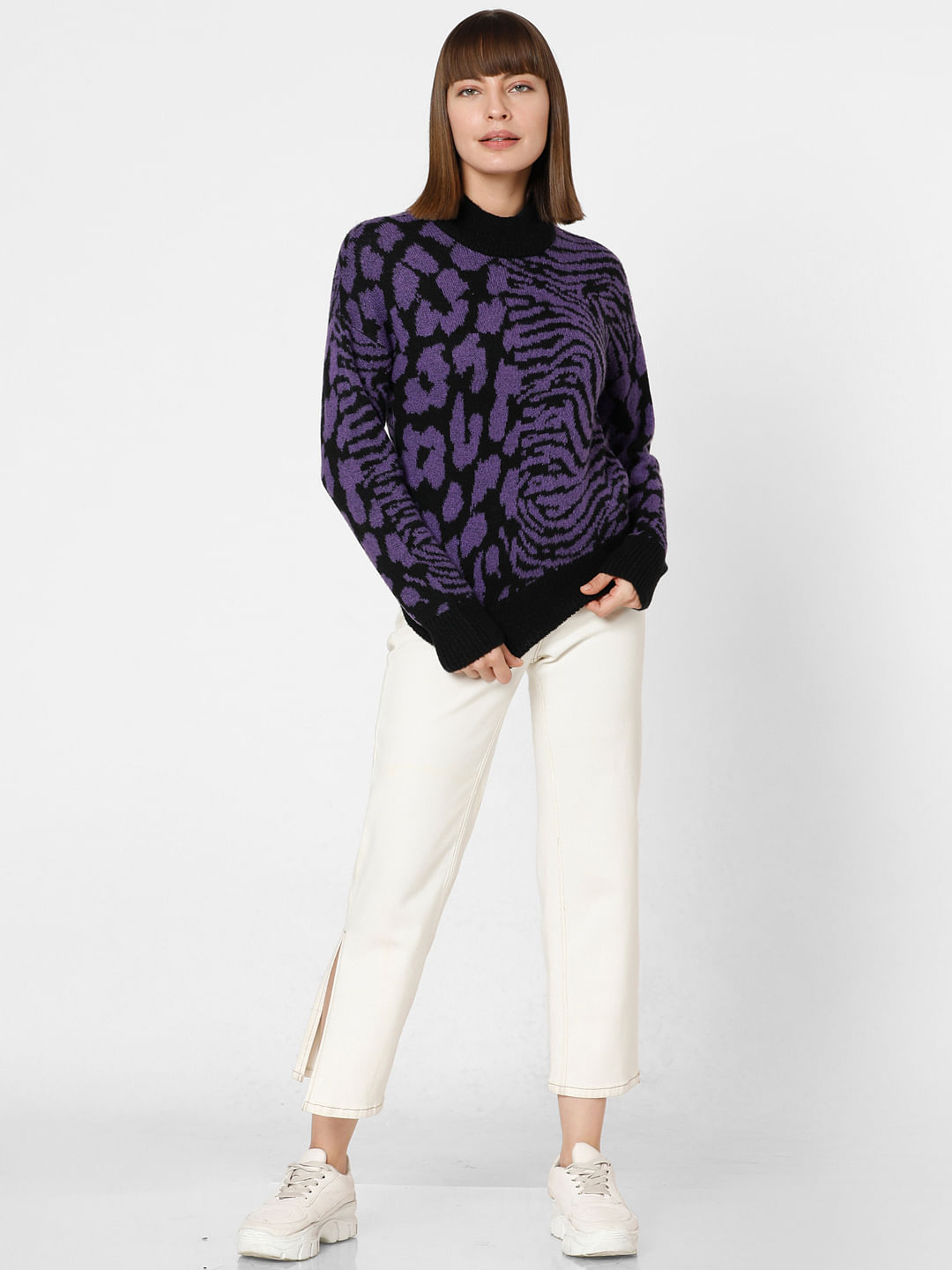 Purple Animal Print High Neck Pullover