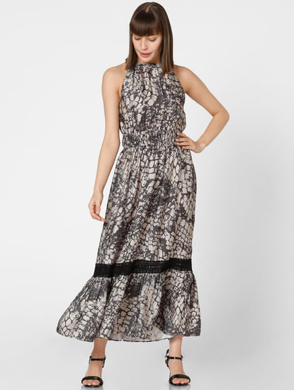 Brown Abstract Print Maxi Dress