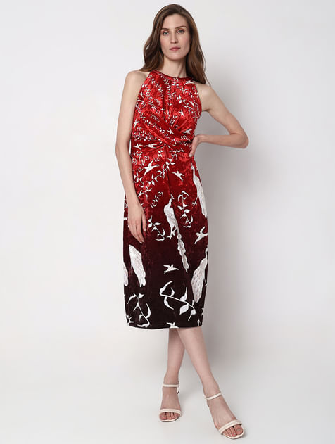 Red Abstract Print Midi Dress
