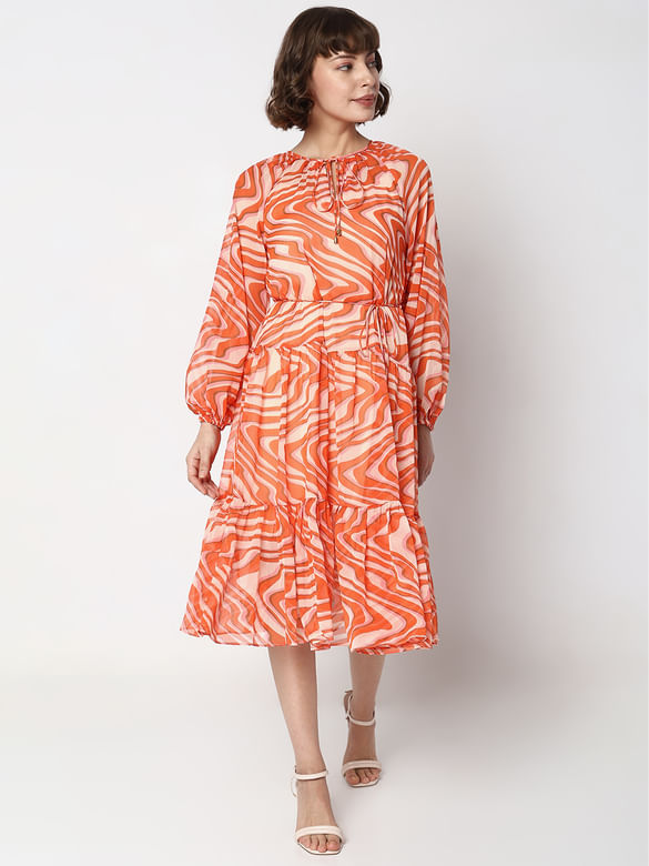 Orange Abstract Print Midi Dress