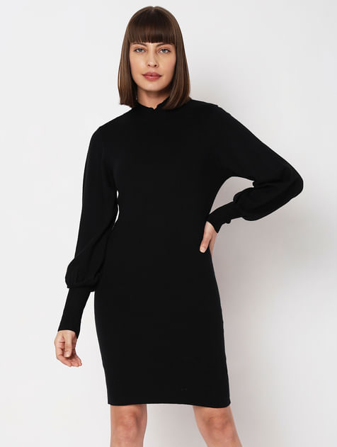 Black High Neck Bodycon Fitted Dress