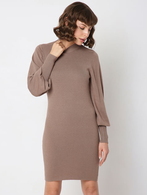 Beige High Neck Bodycon Fitted Dress