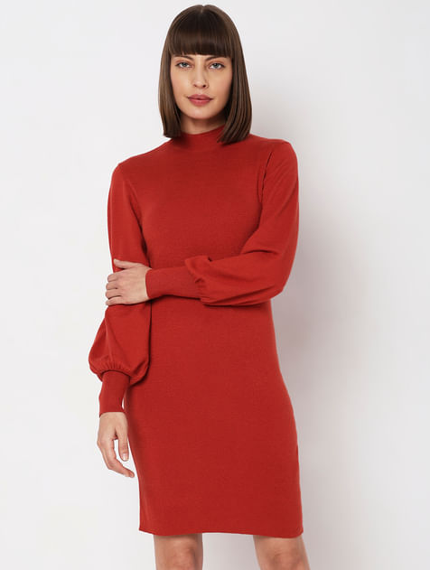 Red High Neck Bodycon Fitted Dress