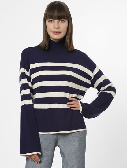 Navy Blue High Neck Striped Pullover