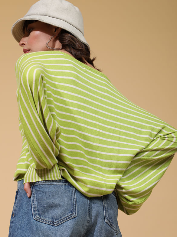 Green Striped Balloon Sleeves Pullover