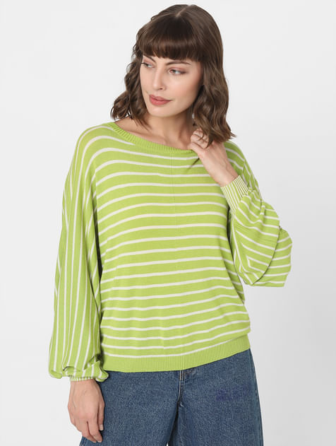 Green Striped Balloon Sleeves Pullover