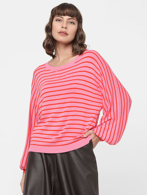 Pink Striped Balloon Sleeves Pullover