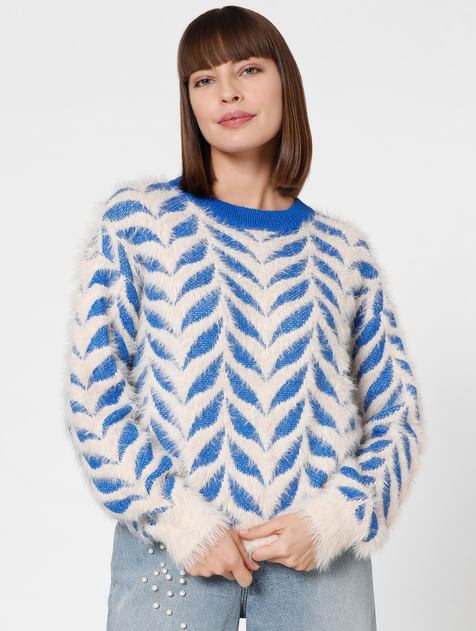 Blue & White Textured Pullover