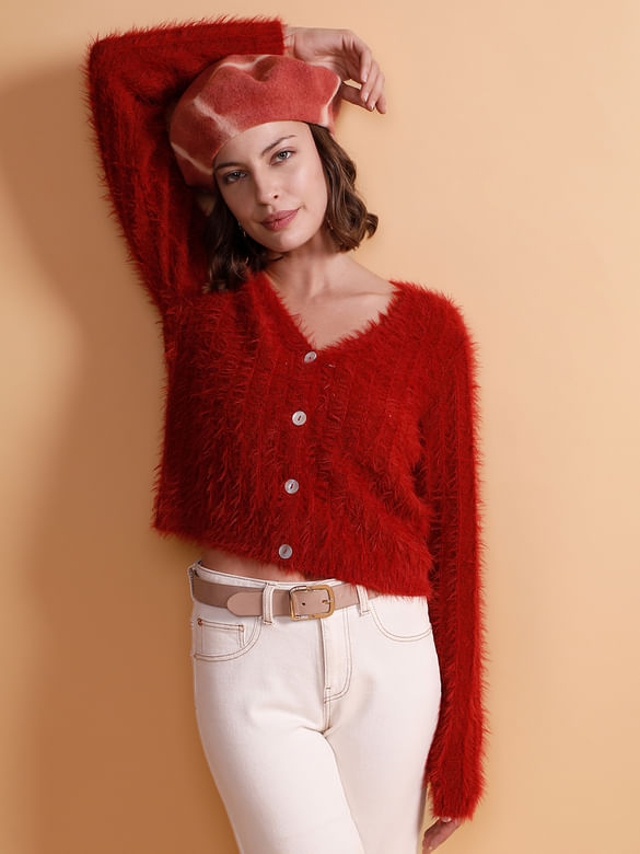 Red Fuzzy Detail Cardigan