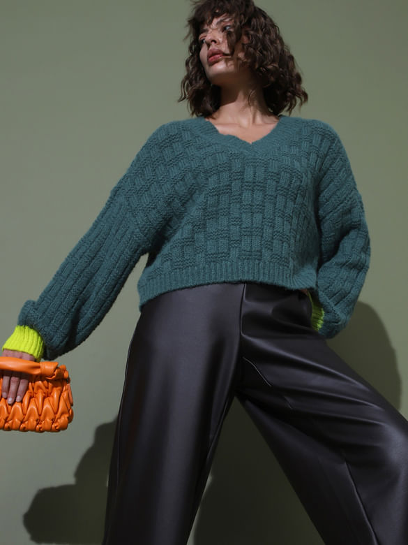 Green Ribbed Textured Pullover