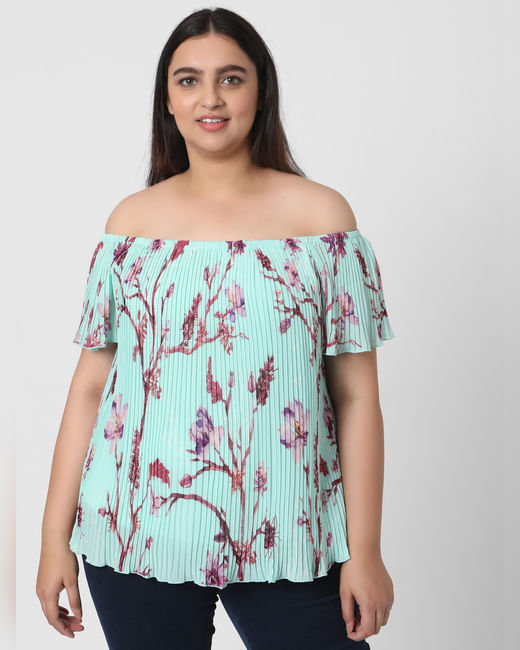 Green Off Shoulder Floral Pleated Top