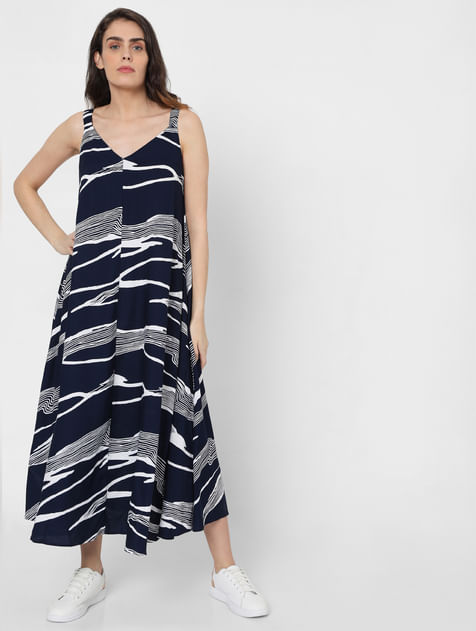 Blue Abstract Print Midi Dress