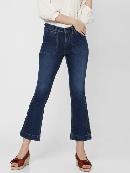 Blue Mid Rise Slit Ankle Bootcut Jeans