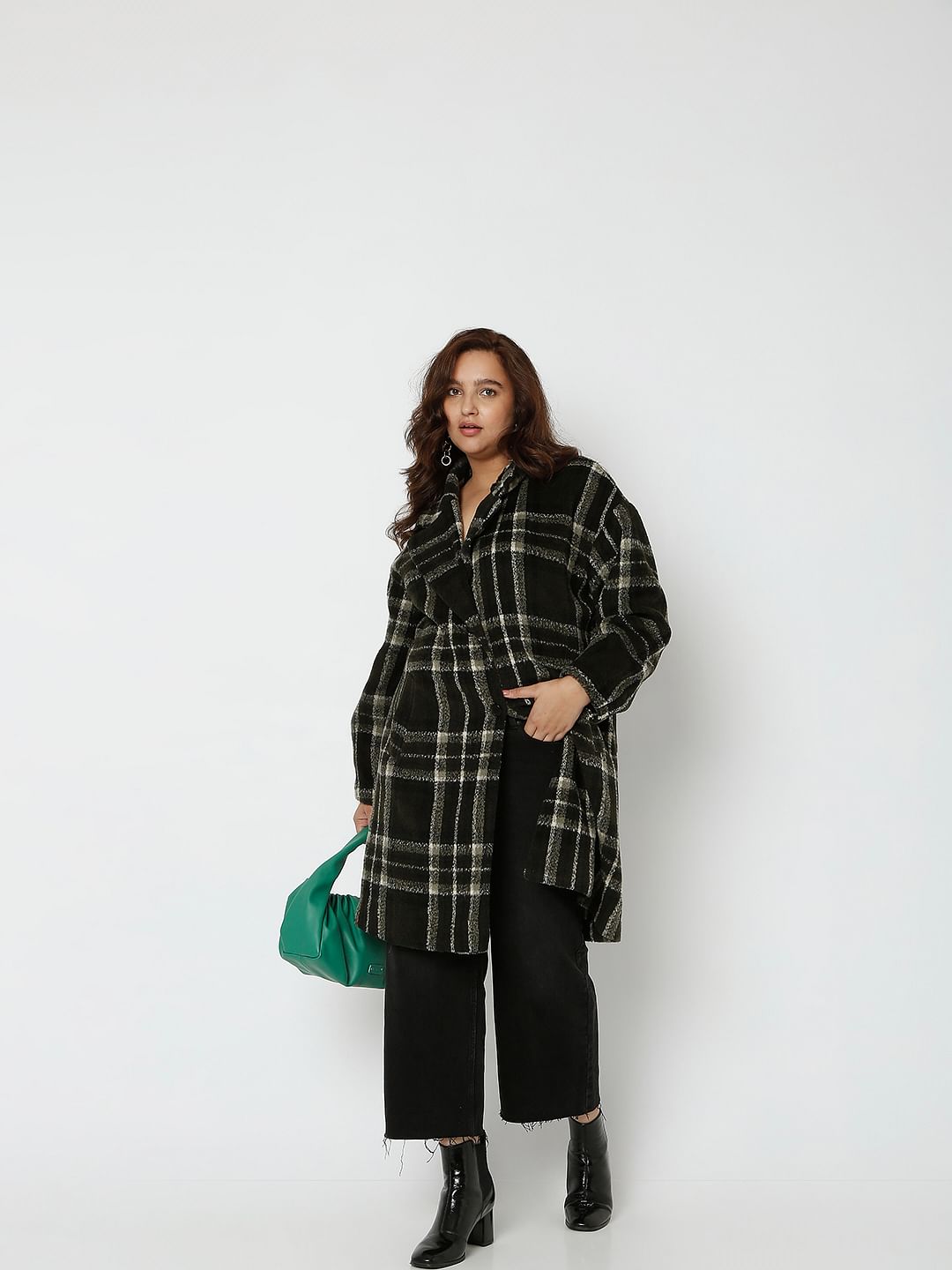 Dark Green Check Long Overcoat for Women VERO MODA