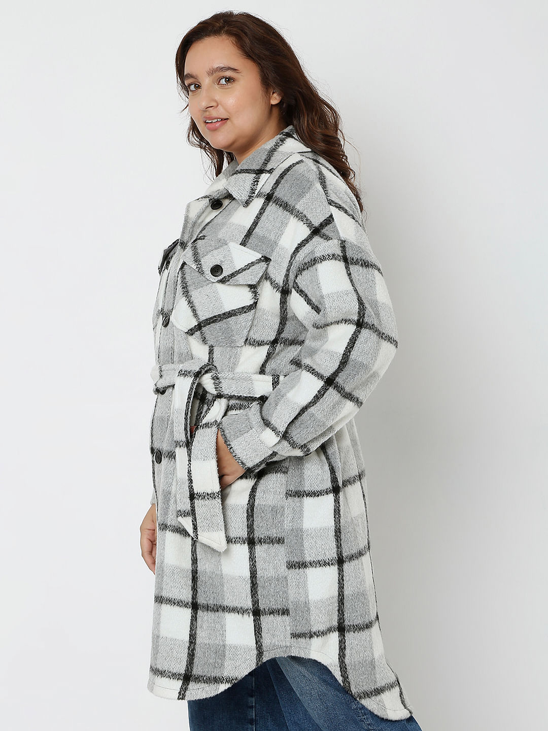 Grey Check Long Overcoat for Women - VERO MODA