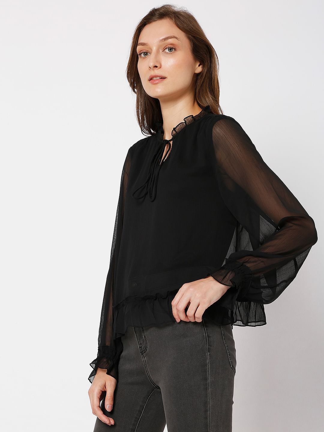 Buy Black Ruffle Sheer Top for Women Online