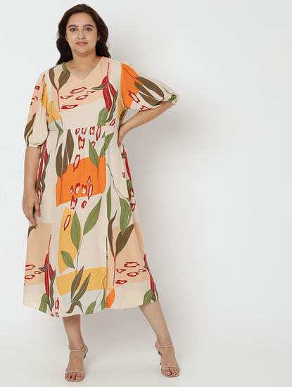 Beige Printed Midi Dress