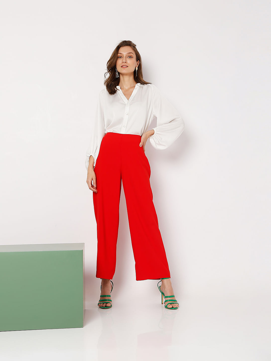Red High Rise Wide Leg Pants
