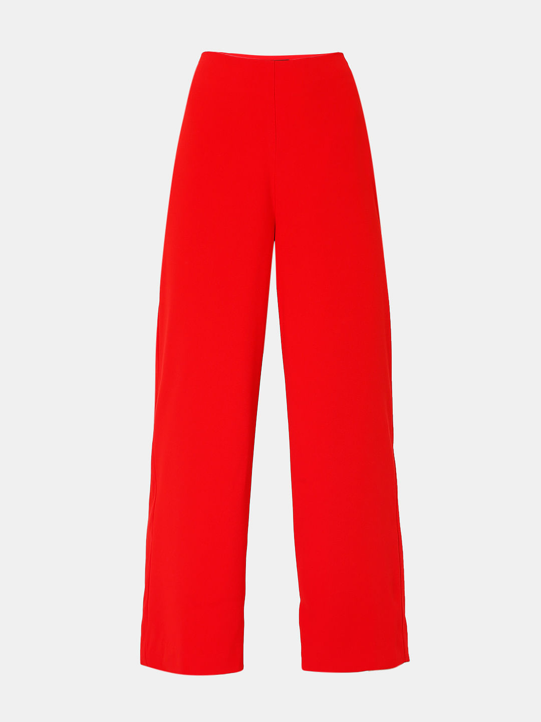 Women Solid Red HighRise Waist WideLeg LooseFit SlipOn Regular Pants   Berrylush