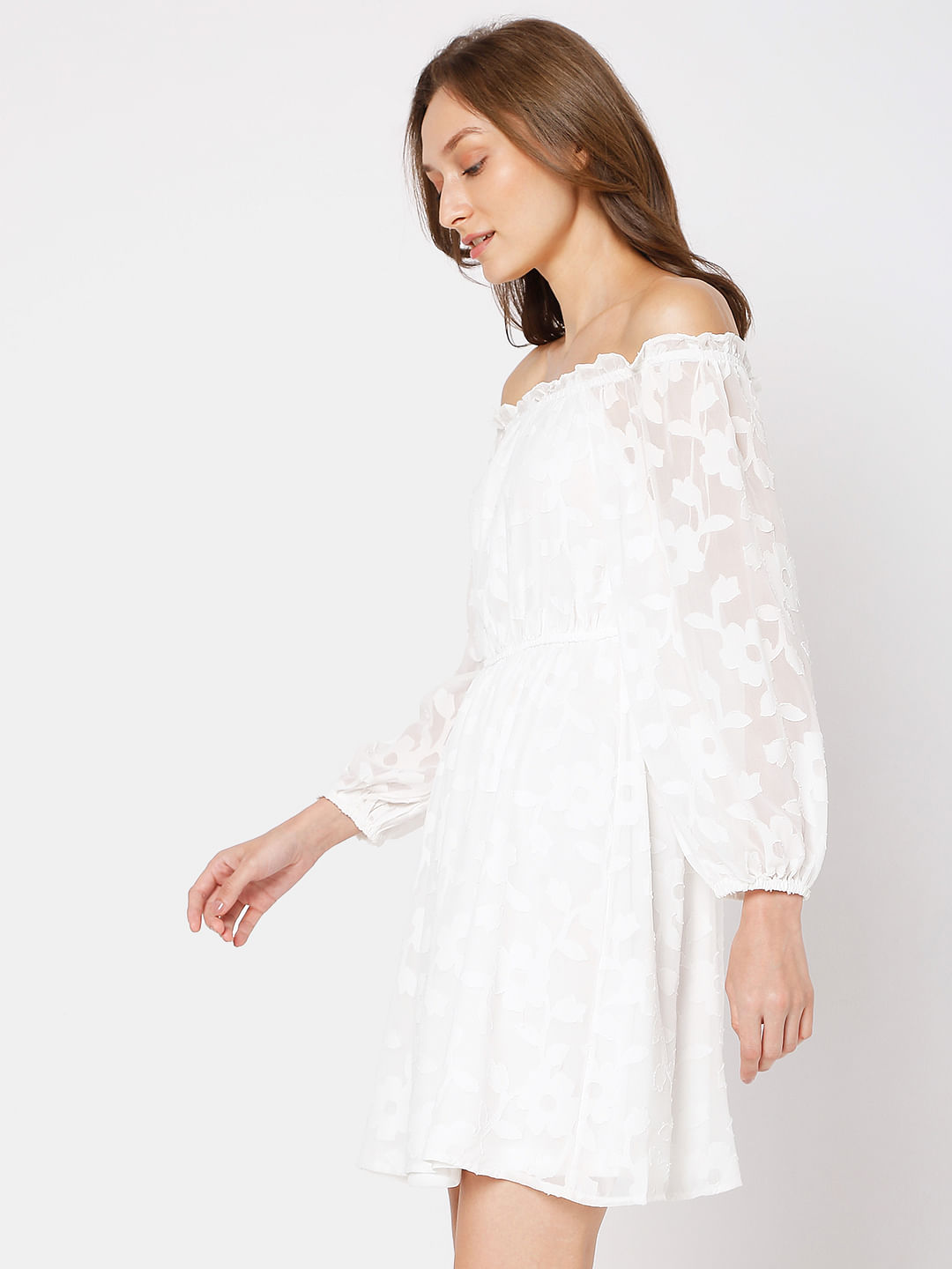 White floral dress on sale off the shoulder