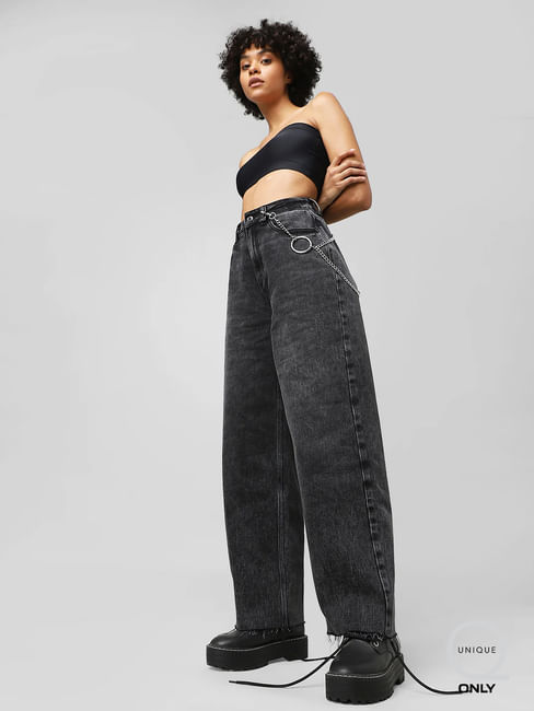 Black High Rise Washed Wide Leg Jeans