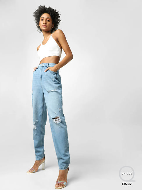 Light Blue High Rise Distressed Mom Jeans